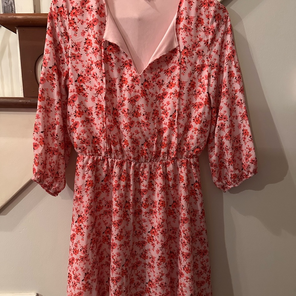 Peach Love California Red and Pink Floral Long Sleeve Dress